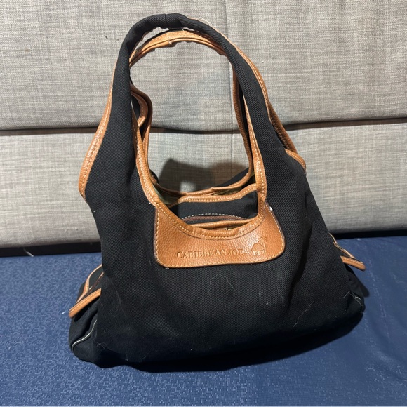 Caribbean Joe Handbags - Carribean Joe Canvas & Leather Handbag Black with Tan Accents & Bottom 5 Pockets